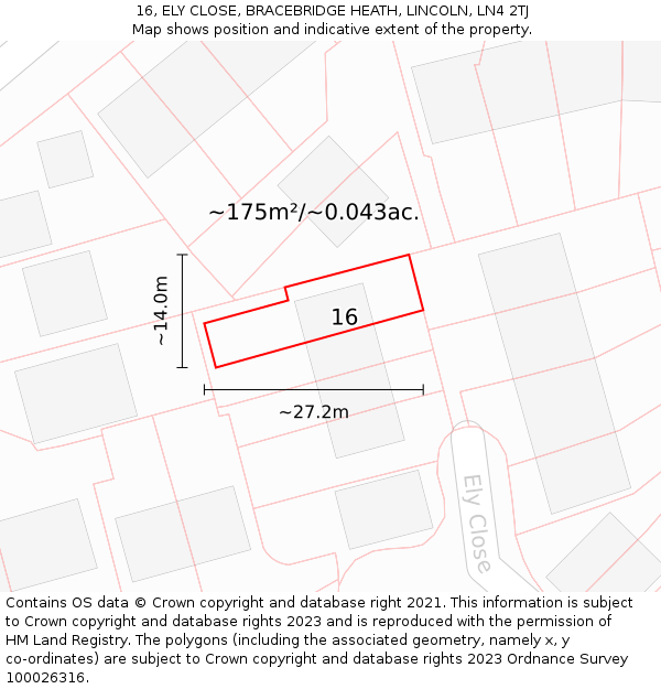 16, ELY CLOSE, BRACEBRIDGE HEATH, LINCOLN, LN4 2TJ: Plot and title map