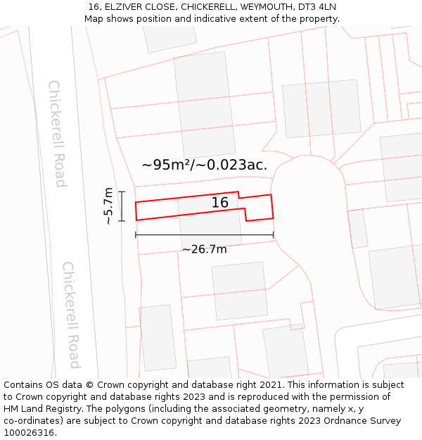 16, ELZIVER CLOSE, CHICKERELL, WEYMOUTH, DT3 4LN: Plot and title map