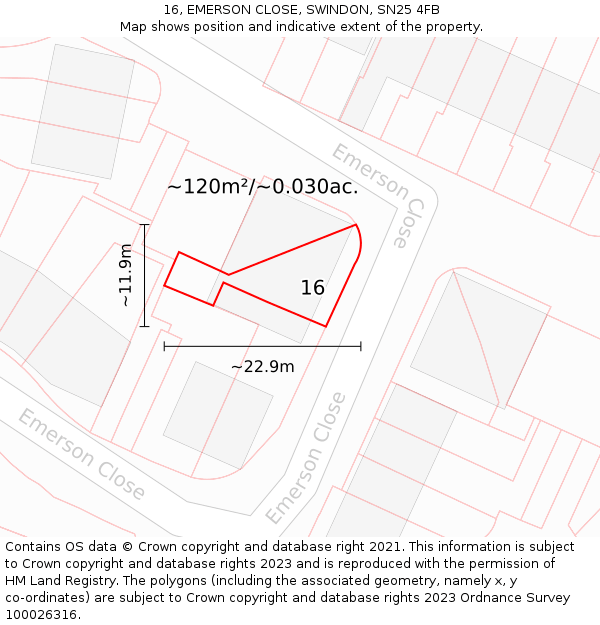 16, EMERSON CLOSE, SWINDON, SN25 4FB: Plot and title map