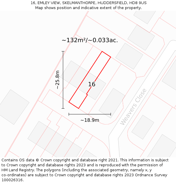 16, EMLEY VIEW, SKELMANTHORPE, HUDDERSFIELD, HD8 9US: Plot and title map