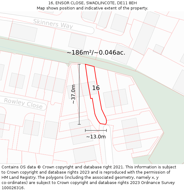 16, ENSOR CLOSE, SWADLINCOTE, DE11 8EH: Plot and title map