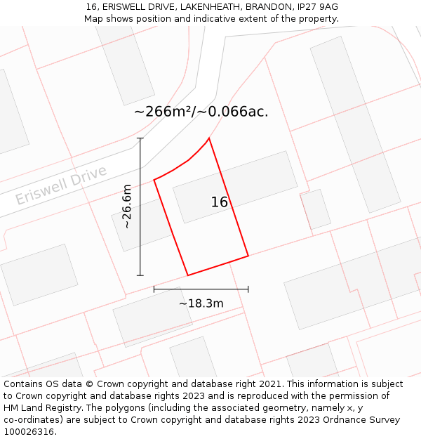 16, ERISWELL DRIVE, LAKENHEATH, BRANDON, IP27 9AG: Plot and title map