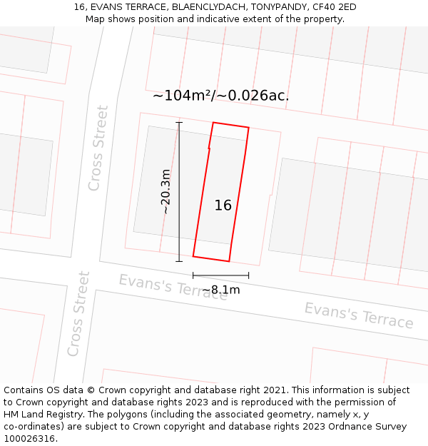 16, EVANS TERRACE, BLAENCLYDACH, TONYPANDY, CF40 2ED: Plot and title map