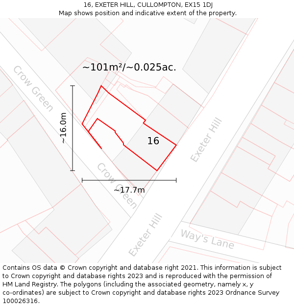 16, EXETER HILL, CULLOMPTON, EX15 1DJ: Plot and title map