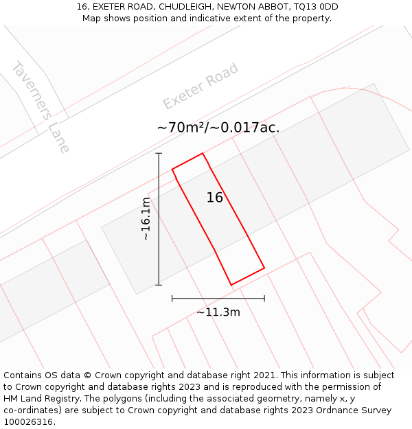 16, EXETER ROAD, CHUDLEIGH, NEWTON ABBOT, TQ13 0DD: Plot and title map