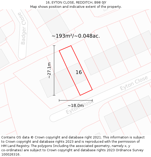 16, EYTON CLOSE, REDDITCH, B98 0JY: Plot and title map