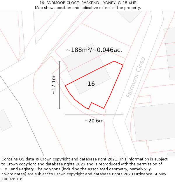16, FAIRMOOR CLOSE, PARKEND, LYDNEY, GL15 4HB: Plot and title map