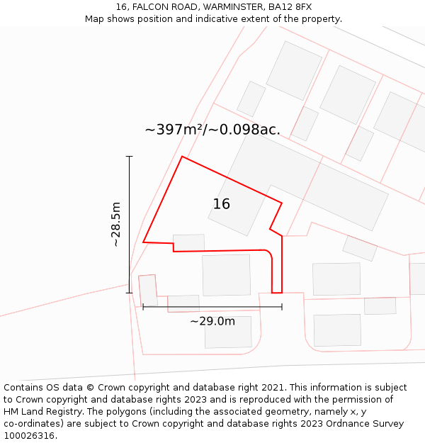16, FALCON ROAD, WARMINSTER, BA12 8FX: Plot and title map