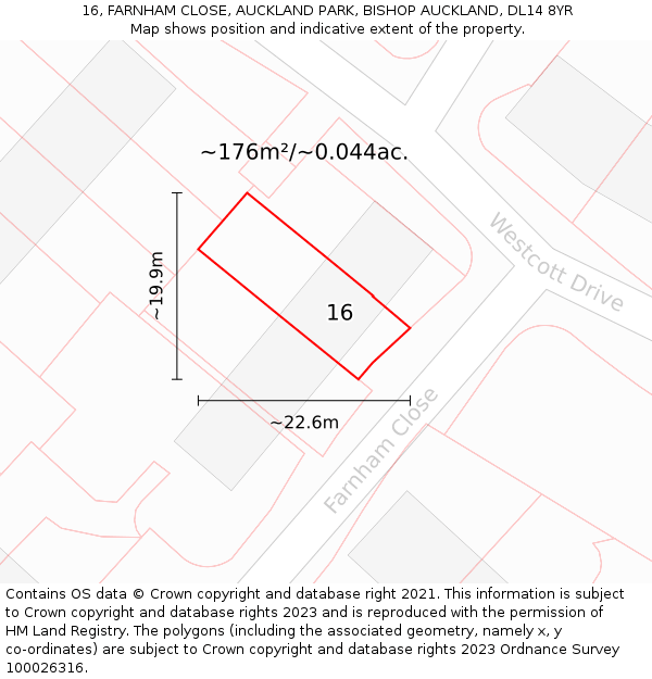 16, FARNHAM CLOSE, AUCKLAND PARK, BISHOP AUCKLAND, DL14 8YR: Plot and title map