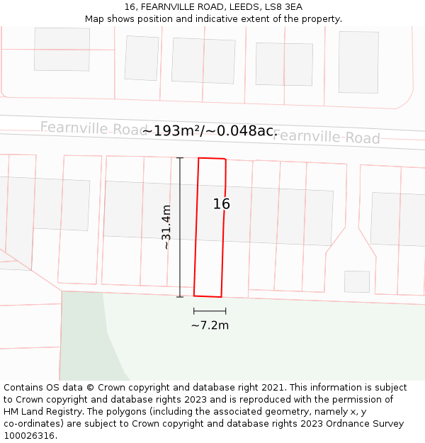 16, FEARNVILLE ROAD, LEEDS, LS8 3EA: Plot and title map