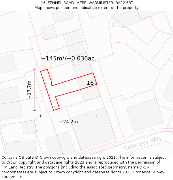 16, FENNEL ROAD, MERE, WARMINSTER, BA12 6RT: Plot and title map