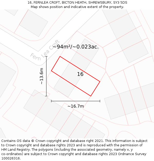 16, FERNLEA CROFT, BICTON HEATH, SHREWSBURY, SY3 5DS: Plot and title map