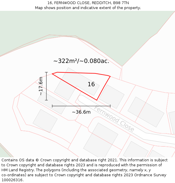 16, FERNWOOD CLOSE, REDDITCH, B98 7TN: Plot and title map
