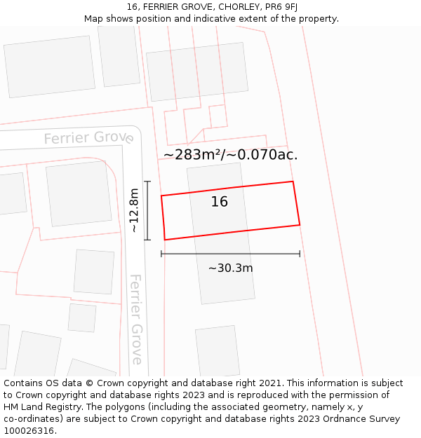 16, FERRIER GROVE, CHORLEY, PR6 9FJ: Plot and title map