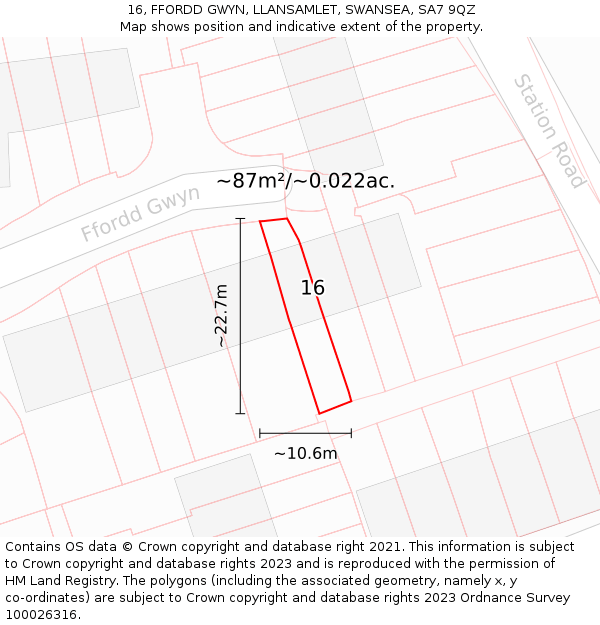 16, FFORDD GWYN, LLANSAMLET, SWANSEA, SA7 9QZ: Plot and title map