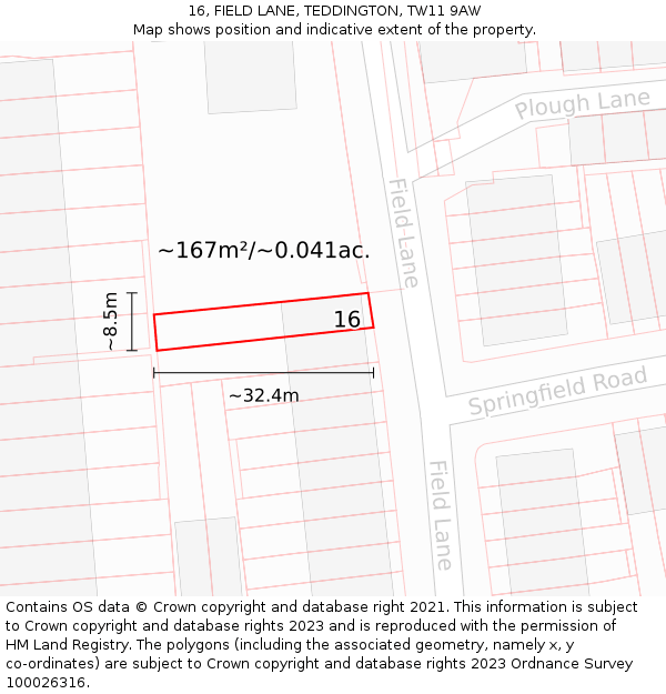 16, FIELD LANE, TEDDINGTON, TW11 9AW: Plot and title map