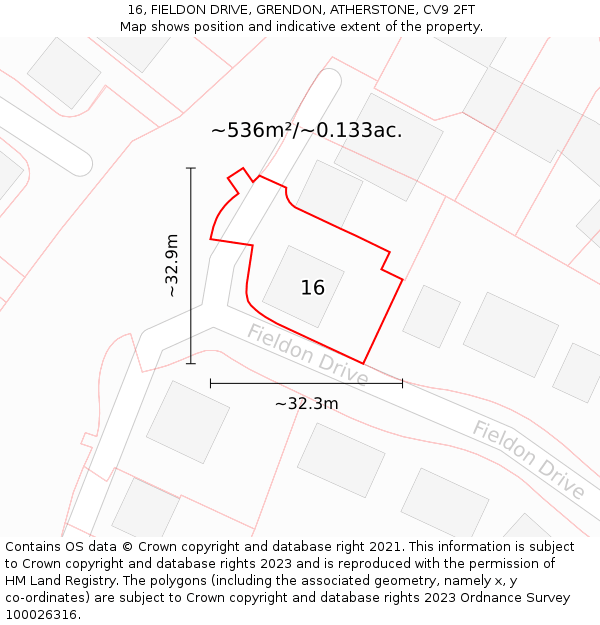 16, FIELDON DRIVE, GRENDON, ATHERSTONE, CV9 2FT: Plot and title map