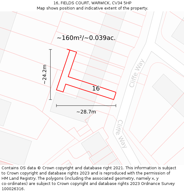 16, FIELDS COURT, WARWICK, CV34 5HP: Plot and title map