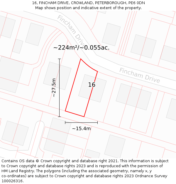 16, FINCHAM DRIVE, CROWLAND, PETERBOROUGH, PE6 0DN: Plot and title map