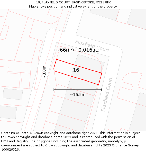 16, FLAXFIELD COURT, BASINGSTOKE, RG21 8FX: Plot and title map