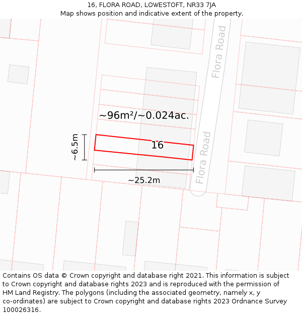 16, FLORA ROAD, LOWESTOFT, NR33 7JA: Plot and title map