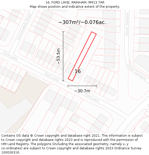 16, FORD LANE, RAINHAM, RM13 7AR: Plot and title map