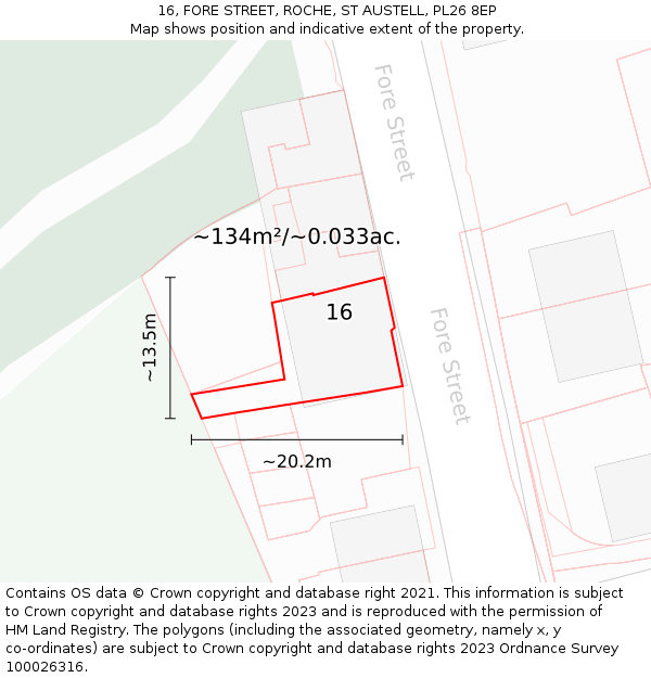 16, FORE STREET, ROCHE, ST AUSTELL, PL26 8EP: Plot and title map