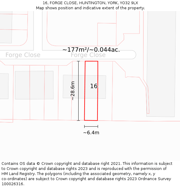 16, FORGE CLOSE, HUNTINGTON, YORK, YO32 9LX: Plot and title map