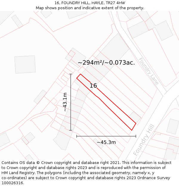 16, FOUNDRY HILL, HAYLE, TR27 4HW: Plot and title map