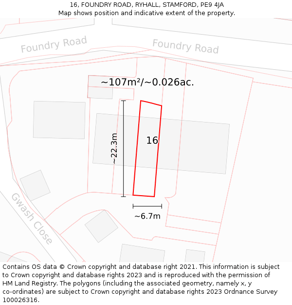 16, FOUNDRY ROAD, RYHALL, STAMFORD, PE9 4JA: Plot and title map