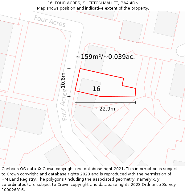 16, FOUR ACRES, SHEPTON MALLET, BA4 4DN: Plot and title map