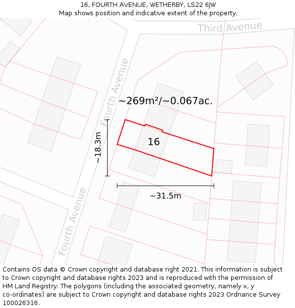 16, FOURTH AVENUE, WETHERBY, LS22 6JW: Plot and title map