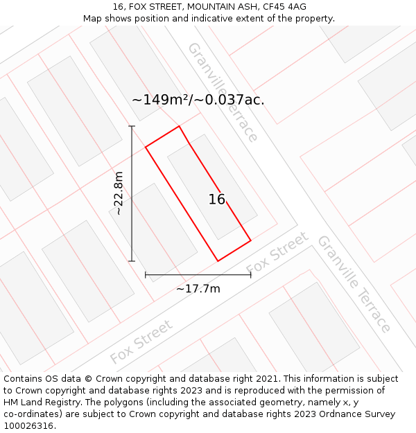 16, FOX STREET, MOUNTAIN ASH, CF45 4AG: Plot and title map
