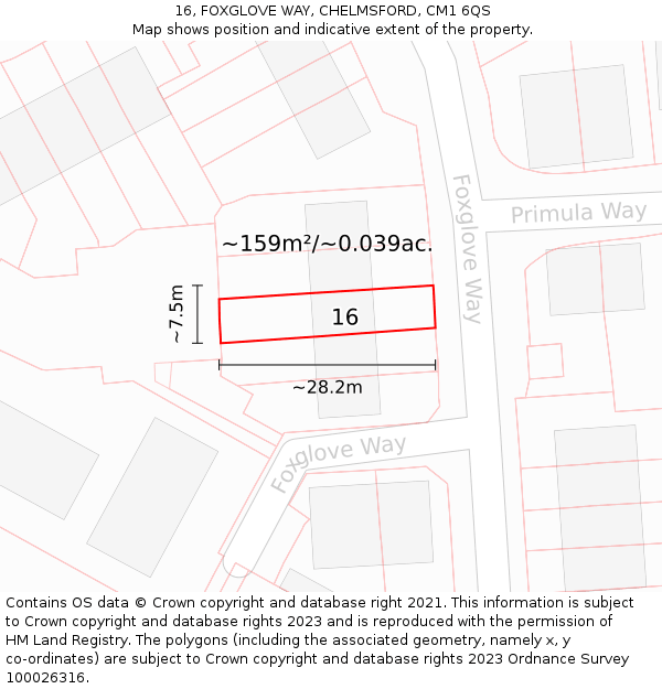 16, FOXGLOVE WAY, CHELMSFORD, CM1 6QS: Plot and title map