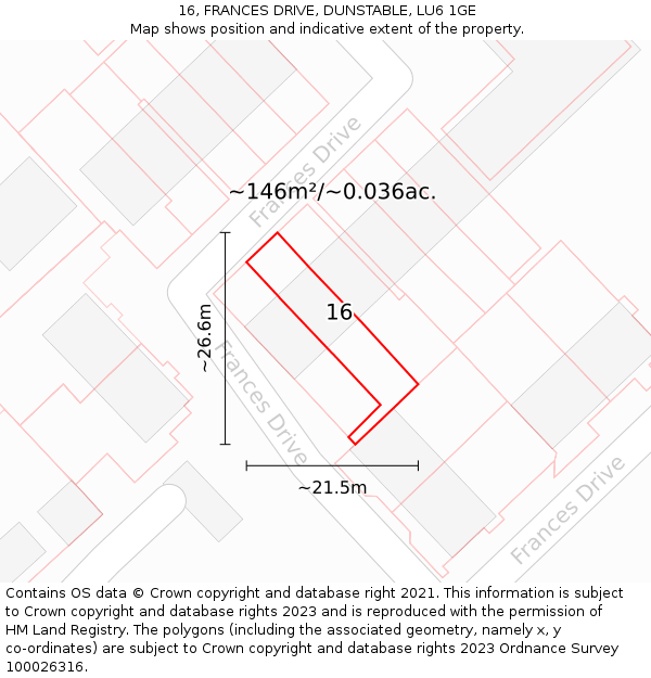 16, FRANCES DRIVE, DUNSTABLE, LU6 1GE: Plot and title map