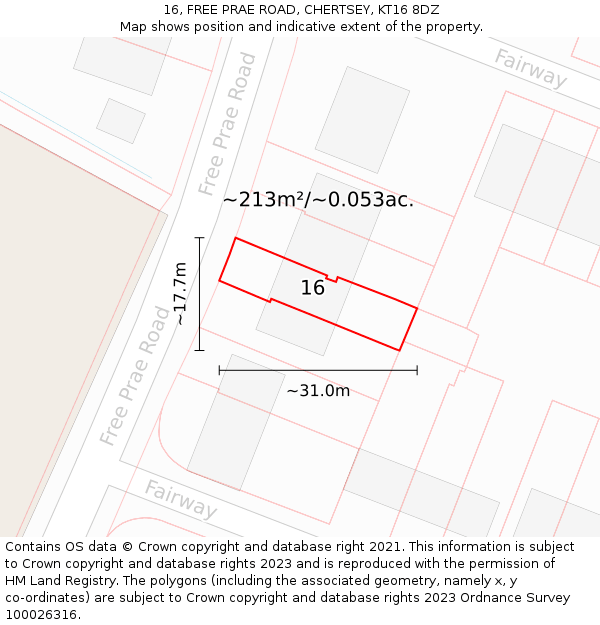 16, FREE PRAE ROAD, CHERTSEY, KT16 8DZ: Plot and title map