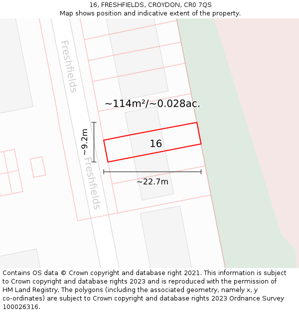 16, FRESHFIELDS, CROYDON, CR0 7QS: Plot and title map