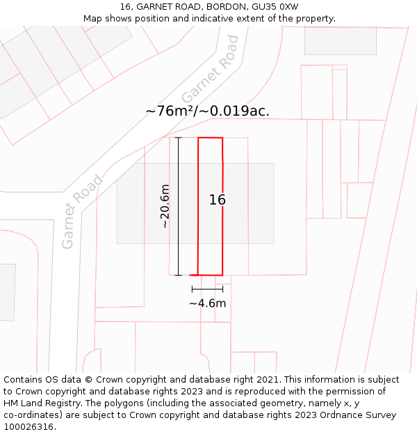 16, GARNET ROAD, BORDON, GU35 0XW: Plot and title map