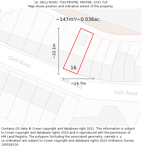 16, GELLI ROAD, TON PENTRE, PENTRE, CF41 7LR: Plot and title map
