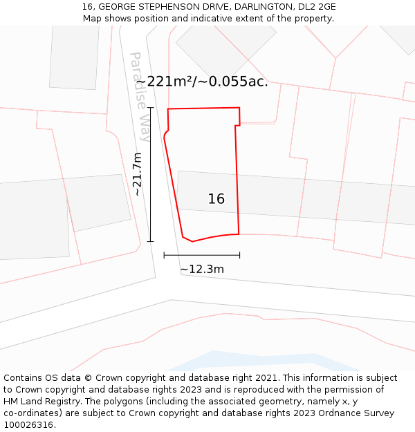16, GEORGE STEPHENSON DRIVE, DARLINGTON, DL2 2GE: Plot and title map