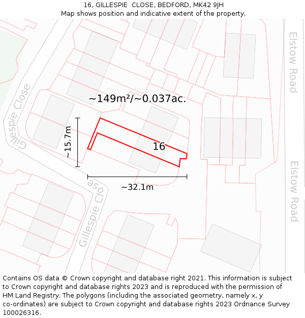16, GILLESPIE  CLOSE, BEDFORD, MK42 9JH: Plot and title map
