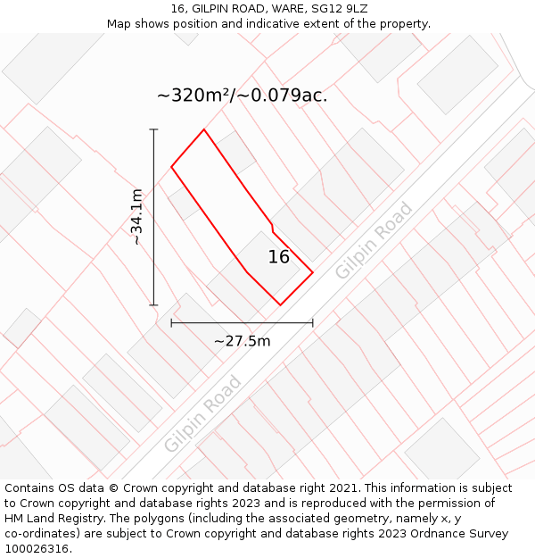 16, GILPIN ROAD, WARE, SG12 9LZ: Plot and title map