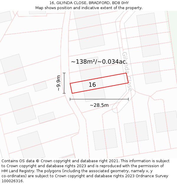 16, GILYNDA CLOSE, BRADFORD, BD8 0HY: Plot and title map