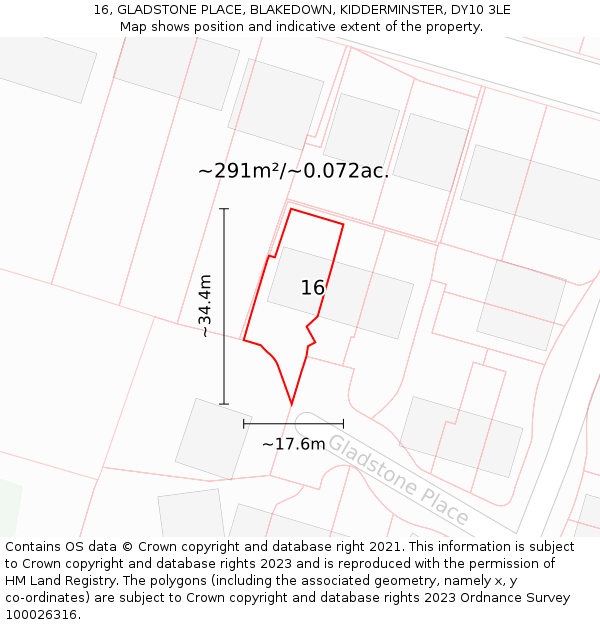 16, GLADSTONE PLACE, BLAKEDOWN, KIDDERMINSTER, DY10 3LE: Plot and title map