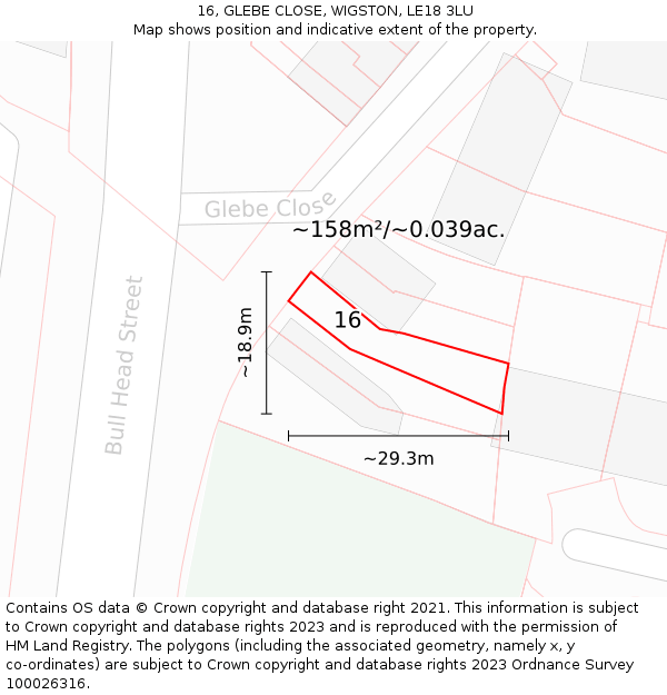 16, GLEBE CLOSE, WIGSTON, LE18 3LU: Plot and title map