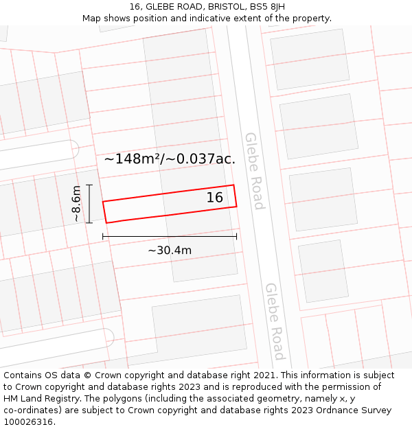 16, GLEBE ROAD, BRISTOL, BS5 8JH: Plot and title map