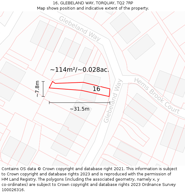 16, GLEBELAND WAY, TORQUAY, TQ2 7RP: Plot and title map