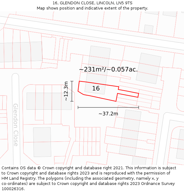 16, GLENDON CLOSE, LINCOLN, LN5 9TS: Plot and title map