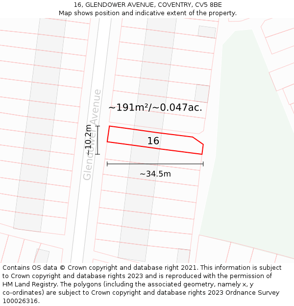 16, GLENDOWER AVENUE, COVENTRY, CV5 8BE: Plot and title map