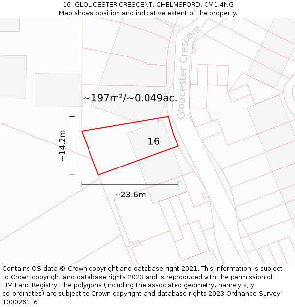 16, GLOUCESTER CRESCENT, CHELMSFORD, CM1 4NG: Plot and title map